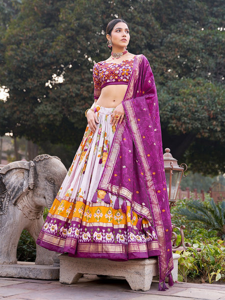 Purple Floral Printed Lehenga Choli with Silk Dupatta & Traditional Border