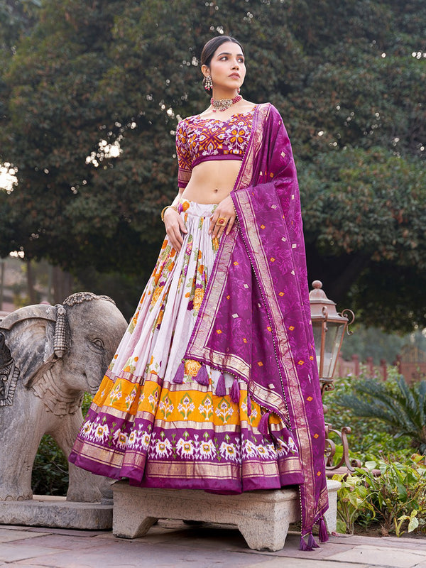 Purple Floral Printed Lehenga Choli with Silk Dupatta & Traditional Border