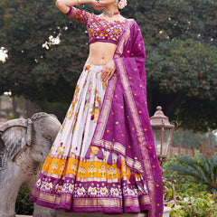 Purple Floral Printed Lehenga Choli with Silk Dupatta & Traditional Border