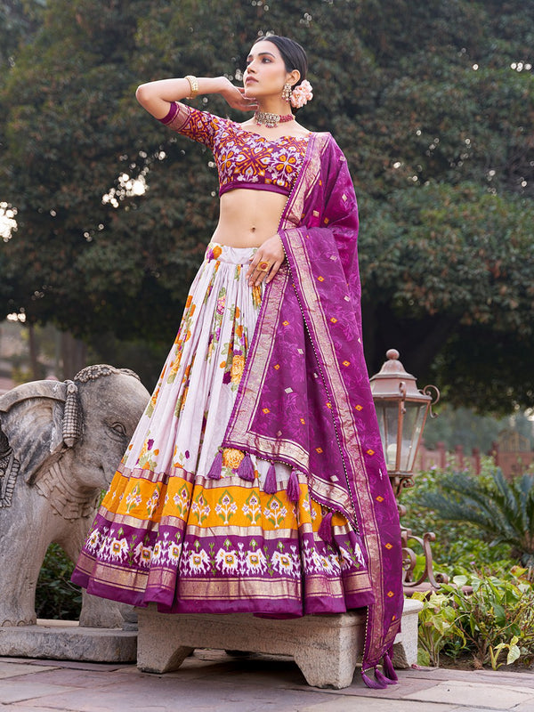 Purple Floral Printed Lehenga Choli with Silk Dupatta & Traditional Border