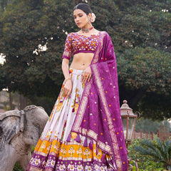 Purple Floral Printed Lehenga Choli with Silk Dupatta & Traditional Border