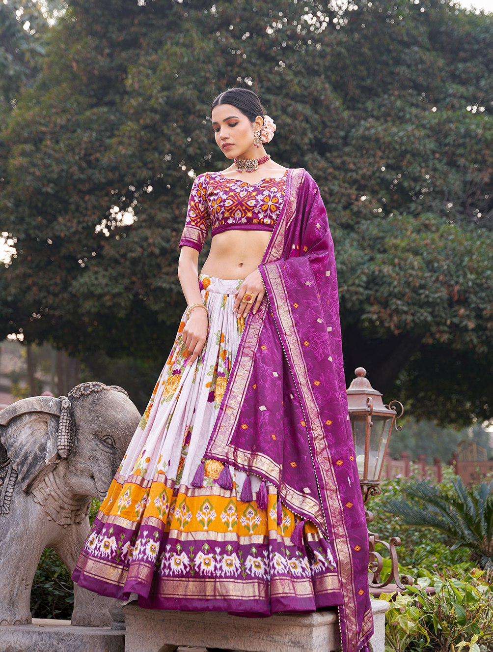 Purple Floral Printed Lehenga Choli with Silk Dupatta & Traditional Border