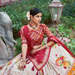 Cream Floral Printed Lehenga Choli with Red Dupatta & Traditional Border