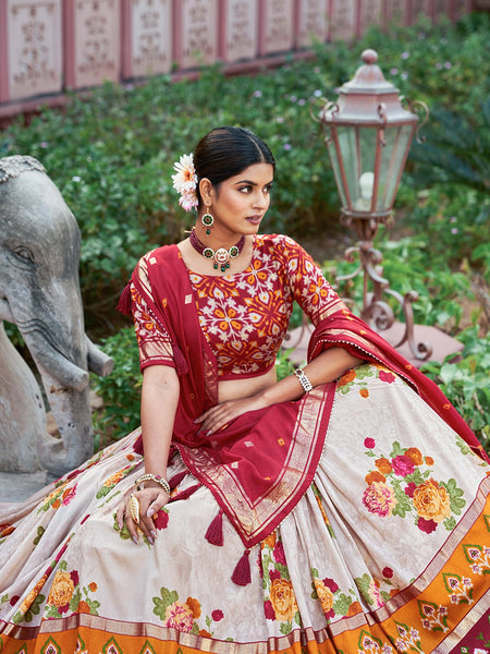 Cream Floral Printed Lehenga Choli with Red Dupatta & Traditional Border