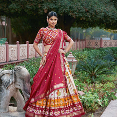 Cream Floral Printed Lehenga Choli with Red Dupatta & Traditional Border