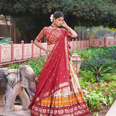 Cream Floral Printed Lehenga Choli with Red Dupatta & Traditional Border
