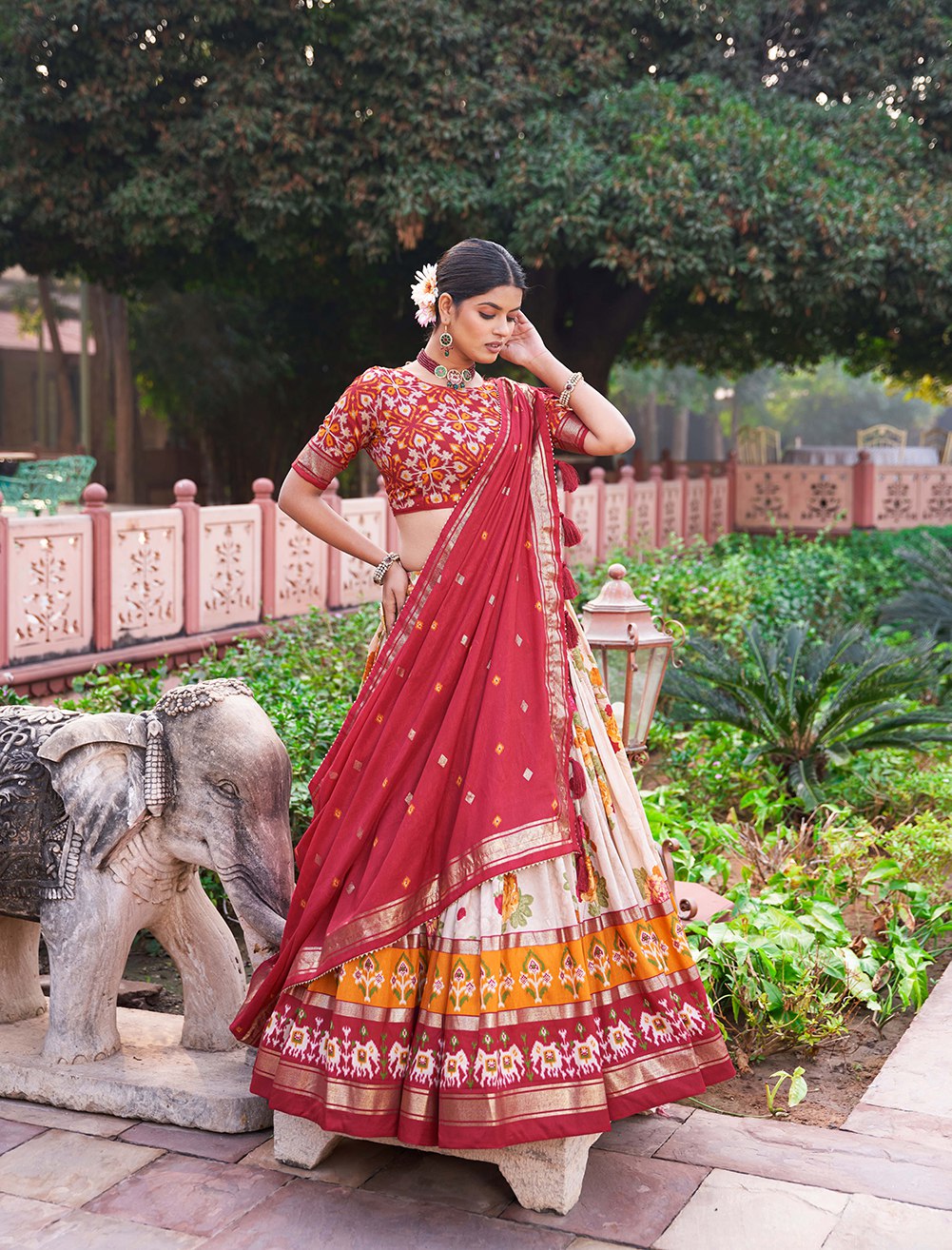 Cream Floral Printed Lehenga Choli with Red Dupatta & Traditional Border