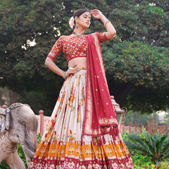 Cream Floral Printed Lehenga Choli with Red Dupatta & Traditional Border