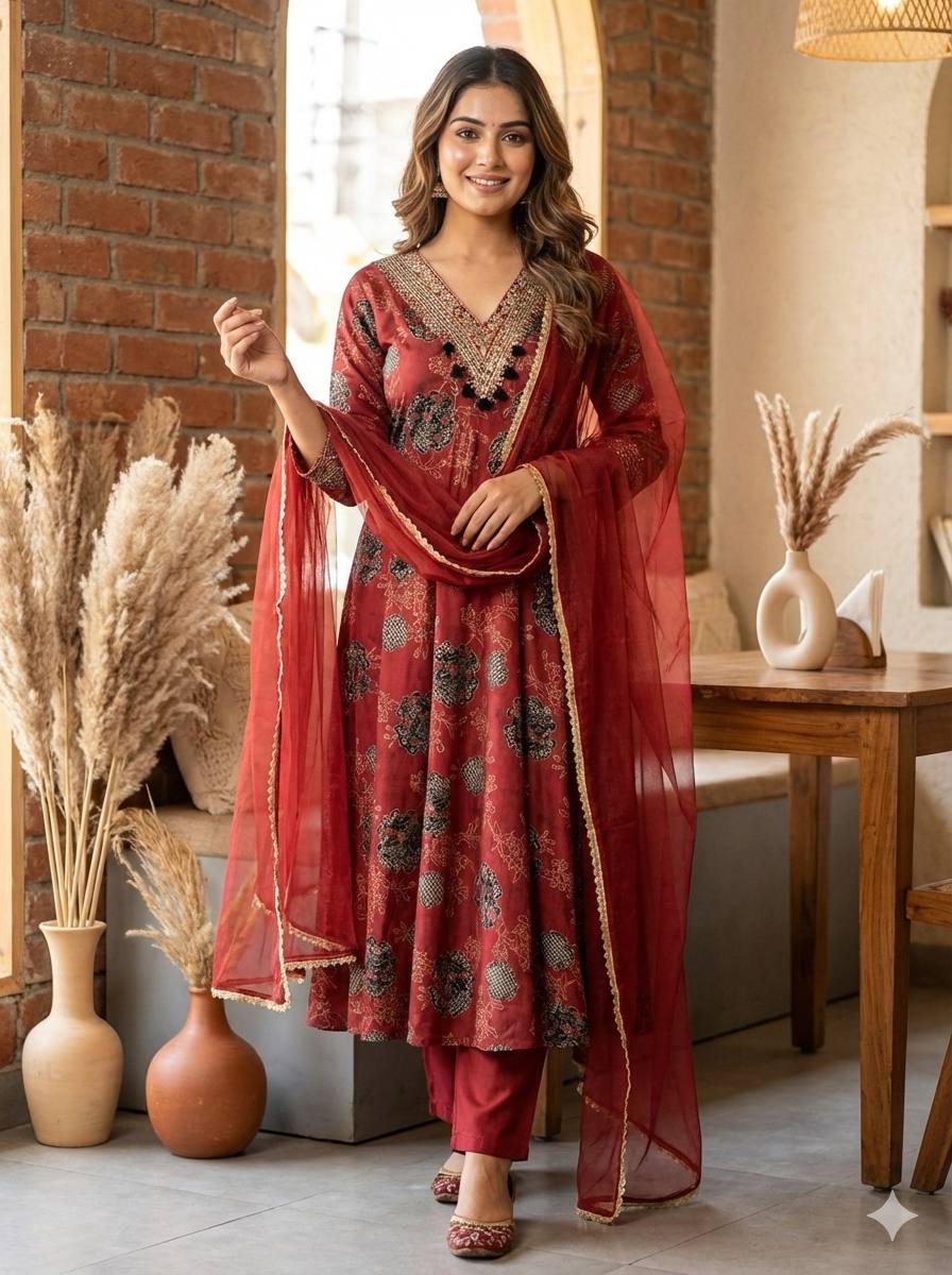 Maroon Printed Anarkali Kurta Set with Dupatta for Women