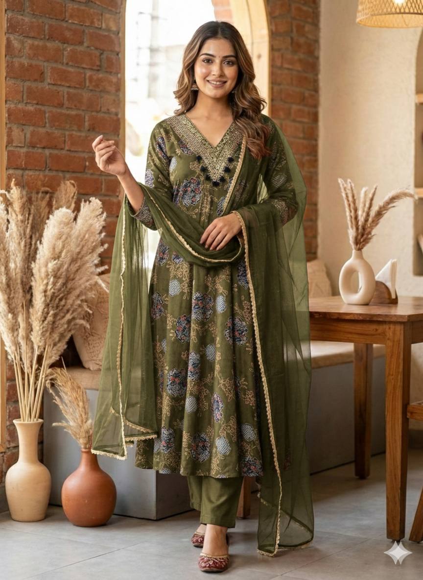 Olive Green Printed Anarkali Kurta Set with Dupatta for Women