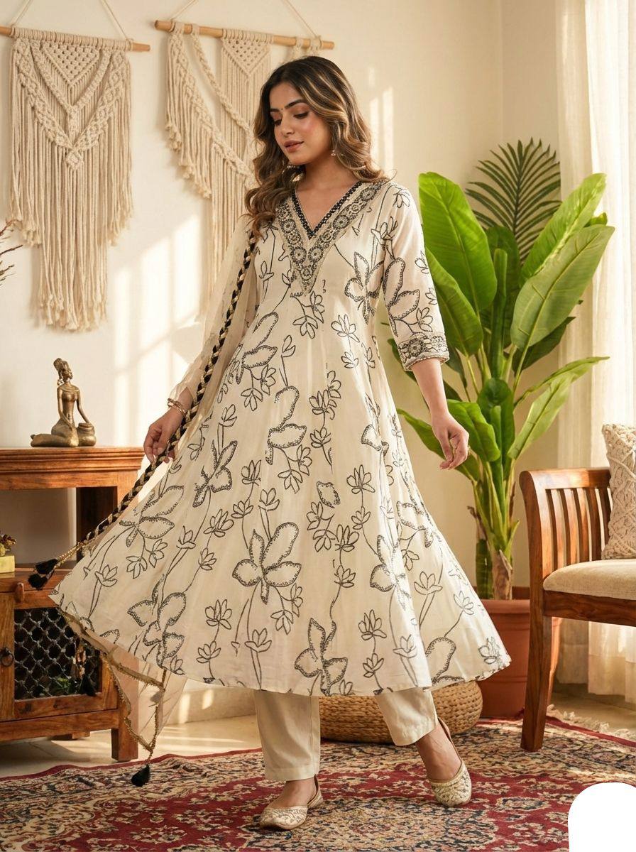 Ivory Floral Printed Anarkali Kurta Pant Set for Women