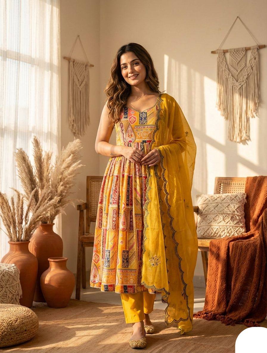 Mustard Yellow Printed Anarkali Kurta Set with Dupatta for Women
