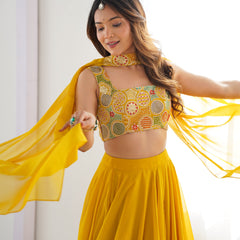 Mustard Yellow Flared Lehenga Choli with Embroidered Designer Blouse & Dupatta