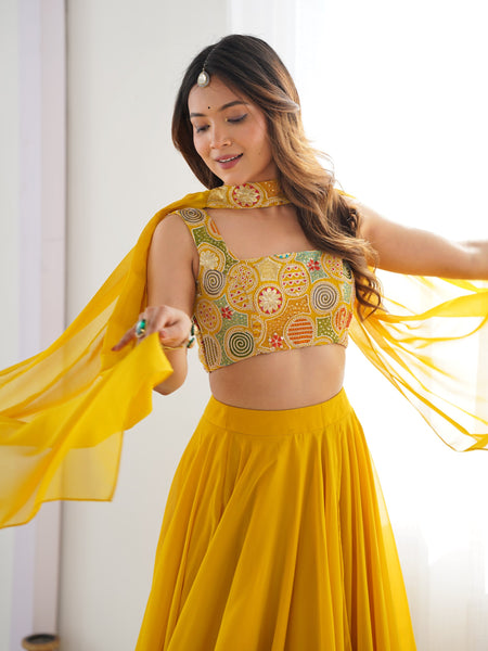 Mustard Yellow Flared Lehenga Choli with Embroidered Designer Blouse & Dupatta