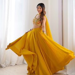 Mustard Yellow Flared Lehenga Choli with Embroidered Designer Blouse & Dupatta