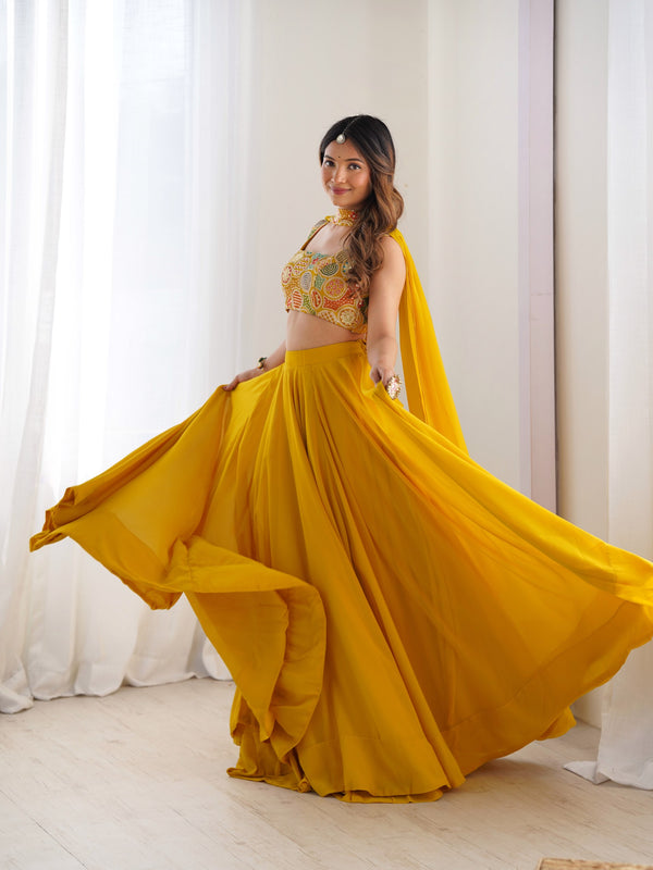 Mustard Yellow Flared Lehenga Choli with Embroidered Designer Blouse & Dupatta