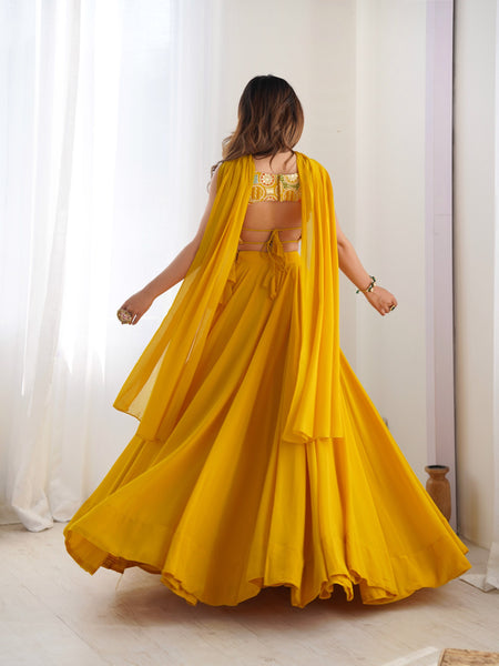 Mustard Yellow Flared Lehenga Choli with Embroidered Designer Blouse & Dupatta