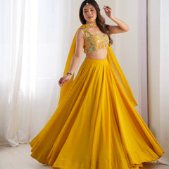 Mustard Yellow Flared Lehenga Choli with Embroidered Designer Blouse & Dupatta