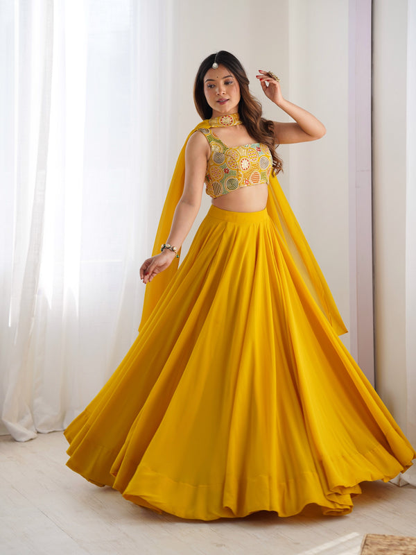 Mustard Yellow Flared Lehenga Choli with Embroidered Designer Blouse & Dupatta