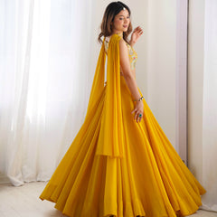 Mustard Yellow Flared Lehenga Choli with Embroidered Designer Blouse & Dupatta