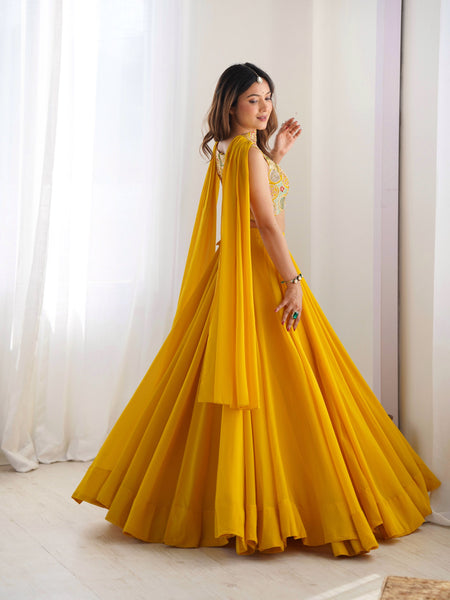Mustard Yellow Flared Lehenga Choli with Embroidered Designer Blouse & Dupatta