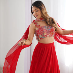 Elegant Red Flared Lehenga Choli with Designer Printed Blouse & Dupatta
