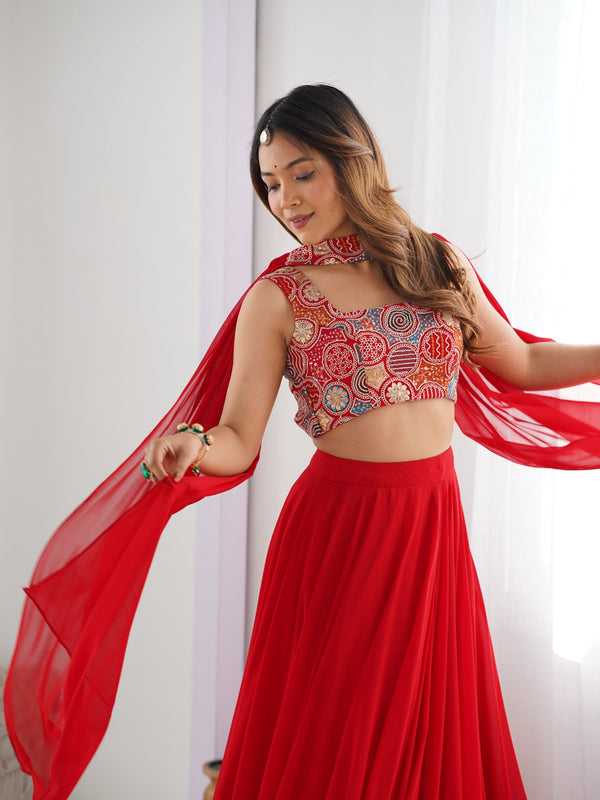 Elegant Red Flared Lehenga Choli with Designer Printed Blouse & Dupatta