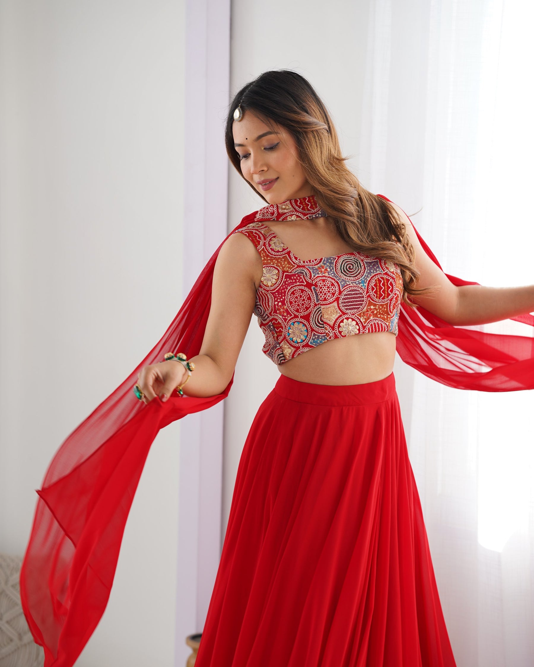 Elegant Red Flared Lehenga Choli with Designer Printed Blouse & Dupatta