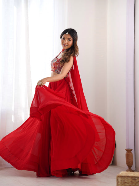 Elegant Red Flared Lehenga Choli with Designer Printed Blouse & Dupatta