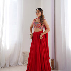 Elegant Red Flared Lehenga Choli with Designer Printed Blouse & Dupatta