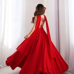 Elegant Red Flared Lehenga Choli with Designer Printed Blouse & Dupatta