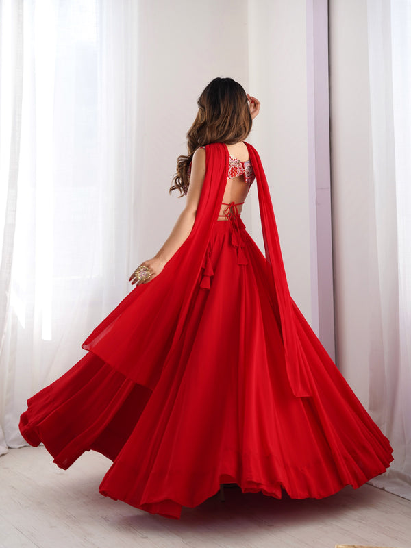 Elegant Red Flared Lehenga Choli with Designer Printed Blouse & Dupatta