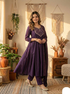 Royal Purple Embroidered Anarkali Kurta Pant Set with Dupatta for Women