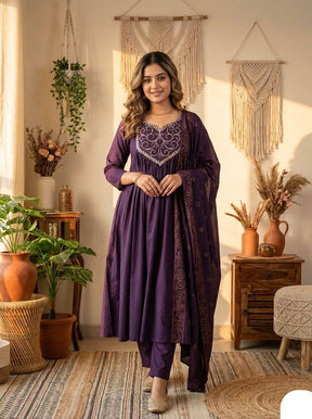 Royal Purple Embroidered Anarkali Kurta Pant Set with Dupatta for Women