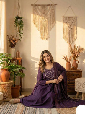 Royal Purple Embroidered Anarkali Kurta Pant Set with Dupatta for Women
