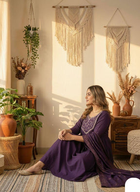 Royal Purple Embroidered Anarkali Kurta Pant Set with Dupatta for Women