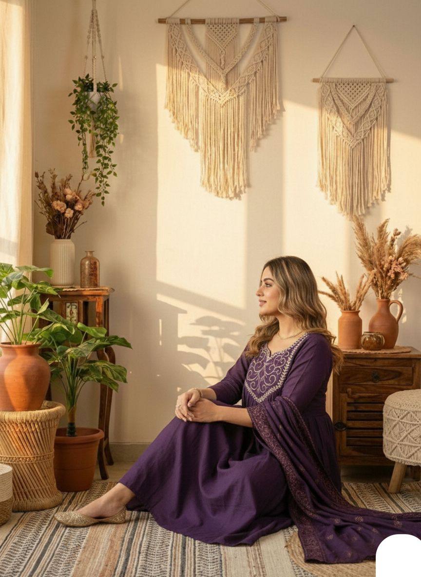 Royal Purple Embroidered Anarkali Kurta Pant Set with Dupatta for Women