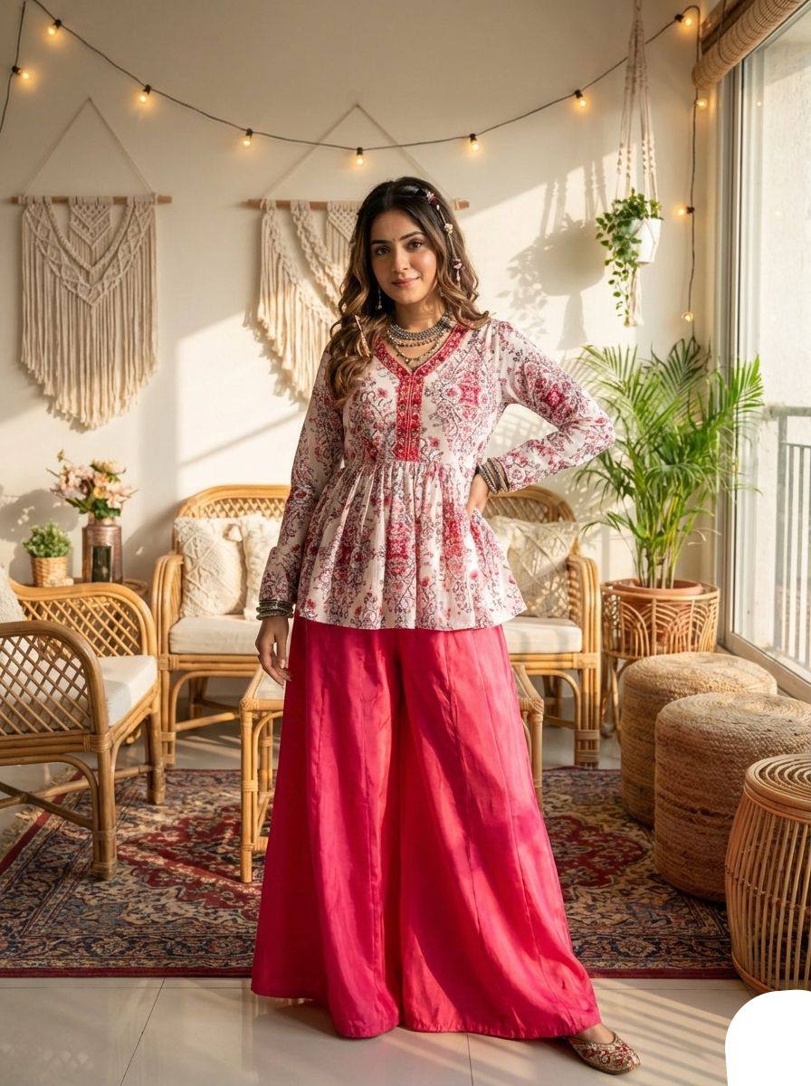 Red Floral Printed Peplum Kurta with Palazzo Set for Women