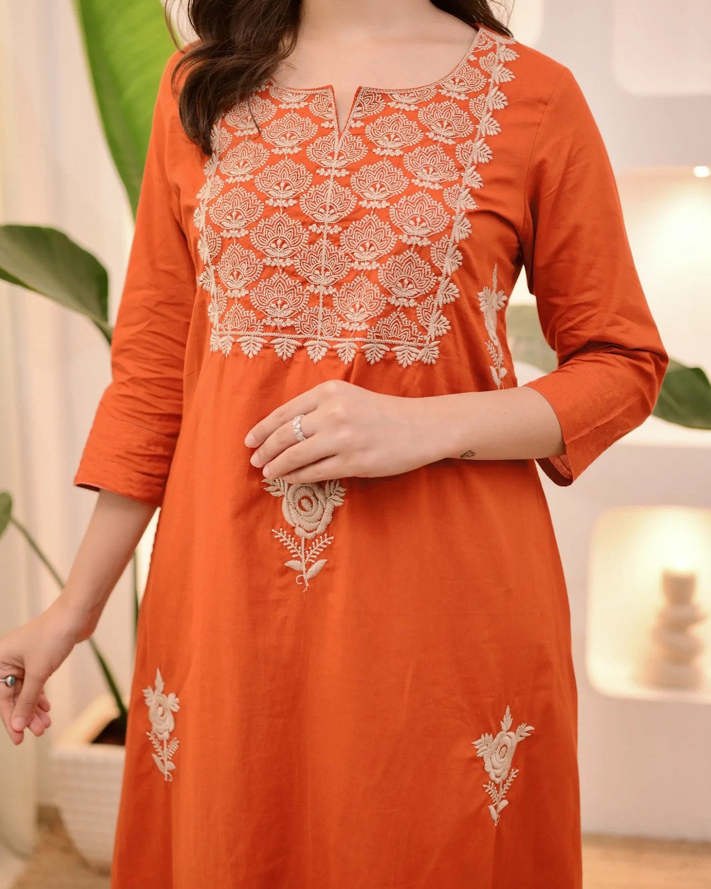 Rust Orange Embroidered Kurta Pant Set with Dupatta for Women