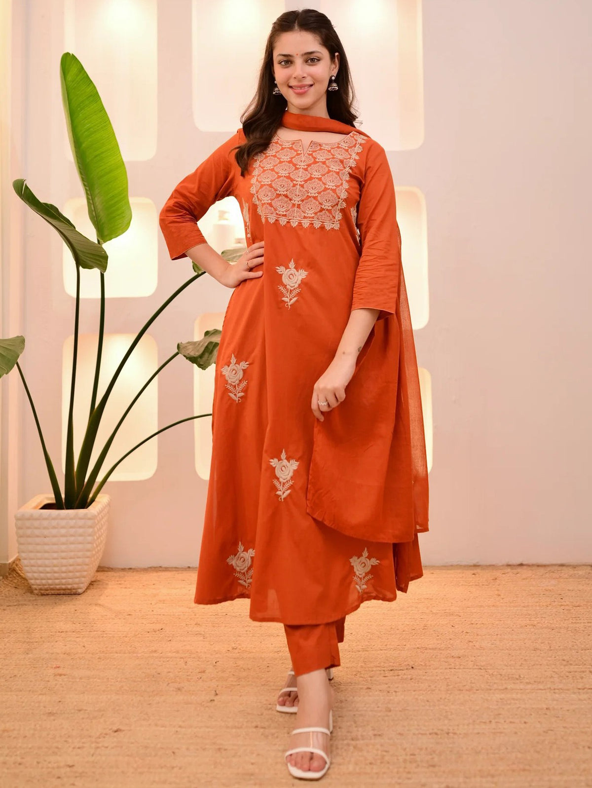 Rust Orange Embroidered Kurta Pant Set with Dupatta for Women