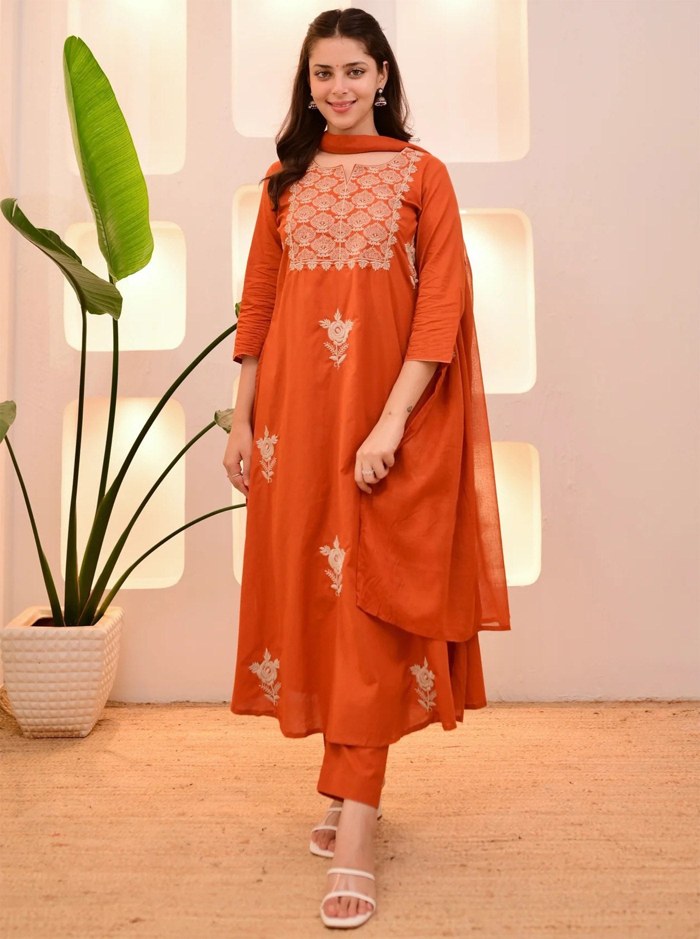 Rust Orange Embroidered Kurta Pant Set with Dupatta for Women