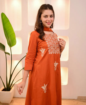 Rust Orange Embroidered Kurta Pant Set with Dupatta for Women