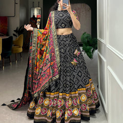 Black Bandhani Print Lehenga Choli with Multicolor Patola Dupatta