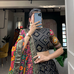 Black Bandhani Print Lehenga Choli with Multicolor Patola Dupatta