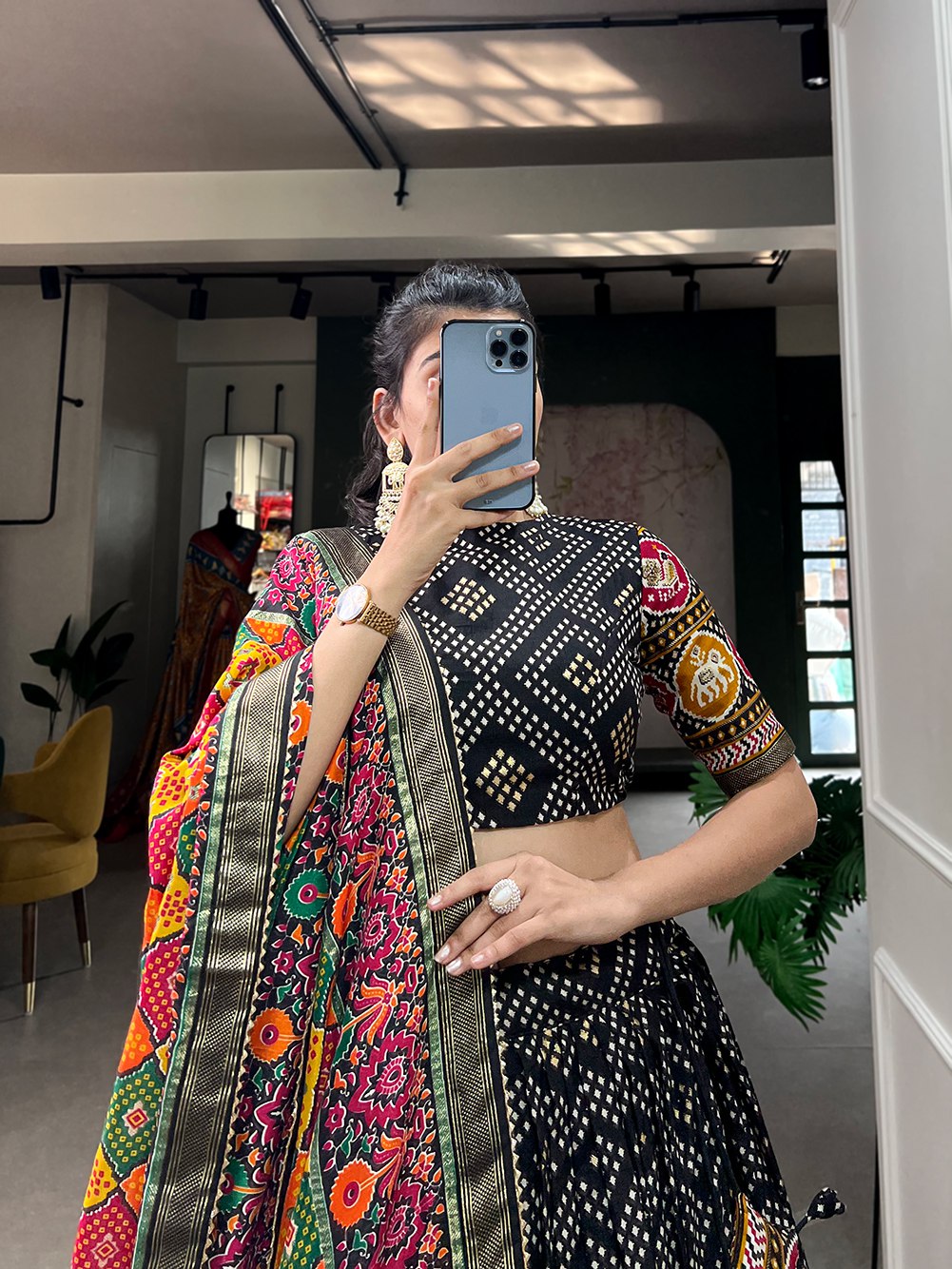 Black Bandhani Print Lehenga Choli with Multicolor Patola Dupatta