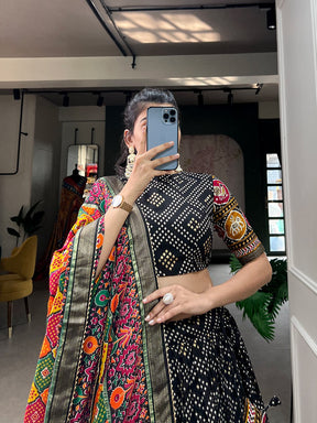 Black Bandhani Print Lehenga Choli with Multicolor Patola Dupatta