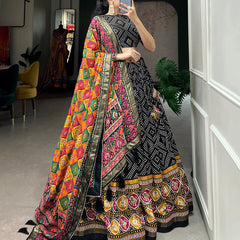 Black Bandhani Print Lehenga Choli with Multicolor Patola Dupatta