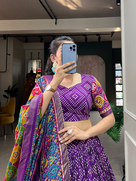 Purple Bandhani Print Lehenga Choli with Multicolor Patola Dupatta