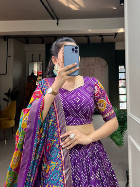 Purple Bandhani Print Lehenga Choli with Multicolor Patola Dupatta