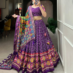 Purple Bandhani Print Lehenga Choli with Multicolor Patola Dupatta
